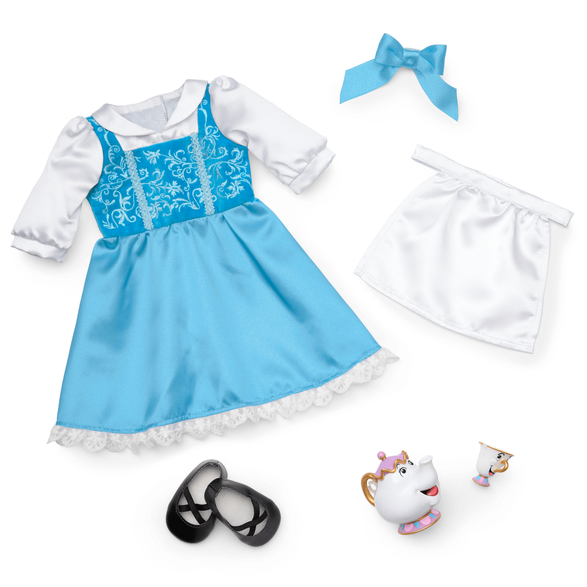American Girl Disney Princess Belle Blue Dress. Mrs. Potts. Chip & Accessories for 18-inch Dolls