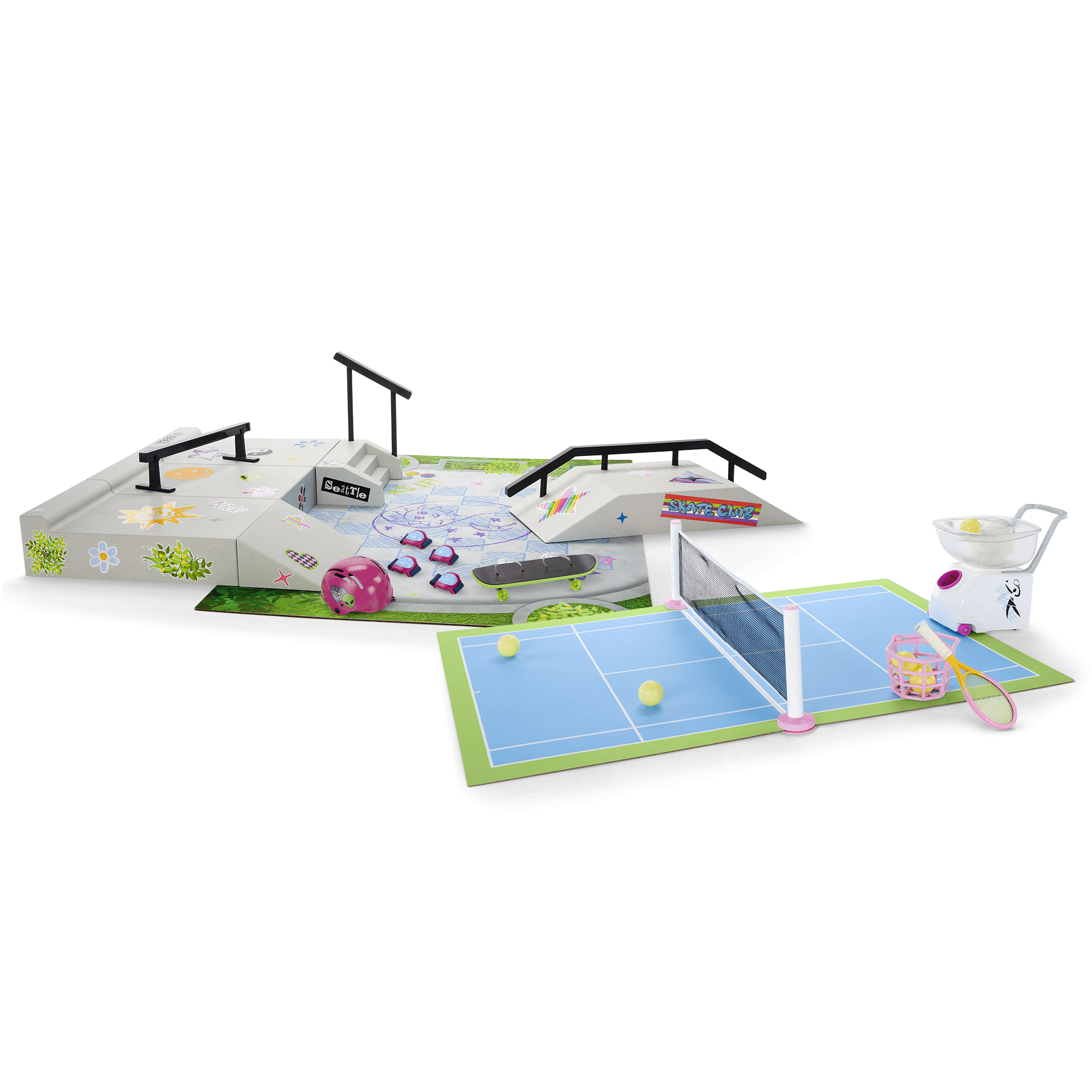 Isabel & Nicki's 2-in-1 Tennis Court & Skate Spot for 18-inch Dolls (Historical Characters)